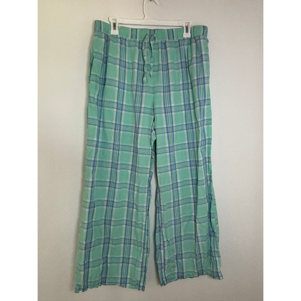 Old Navy Pajama Pants Large Green Blue Plaid Drawstring Wide Leg Sleep Pockets